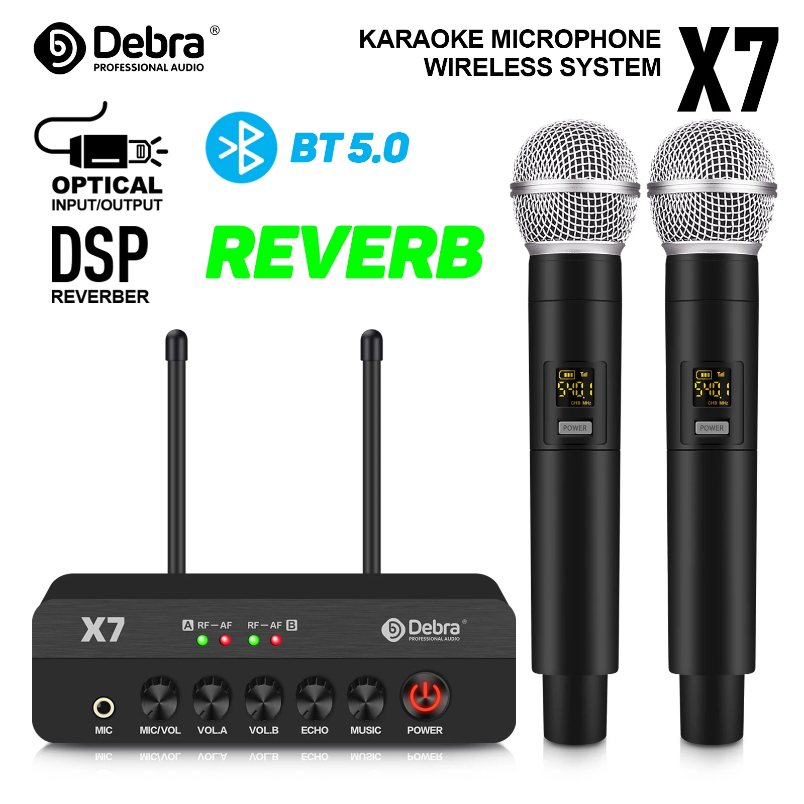 Debra Karaoke X7 Wireless Microphone System With DSP Reverb, Optical Interface And Coaxial Input For Karaoke And Church Concerts