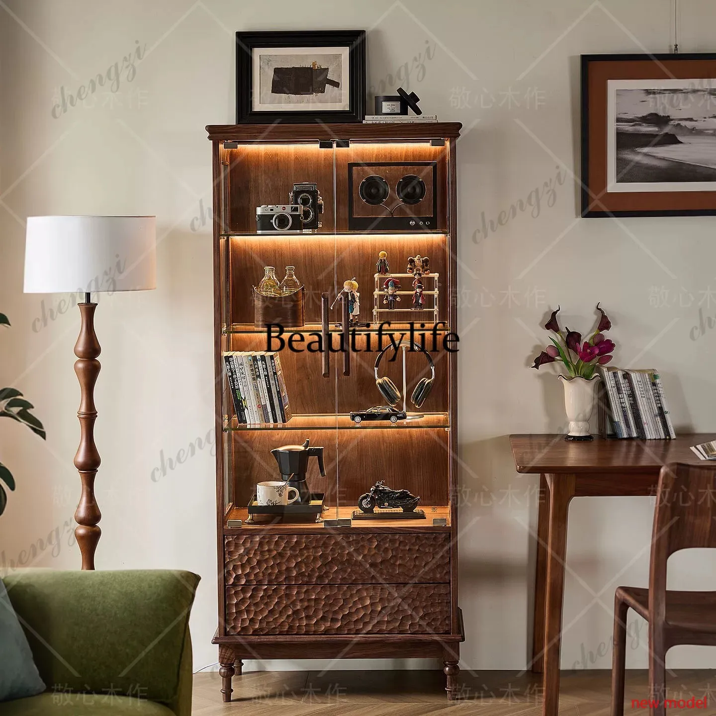 Asmt114Glass bookcase solid wood, display, American living room against the wall wine cabinet display cabinet customization