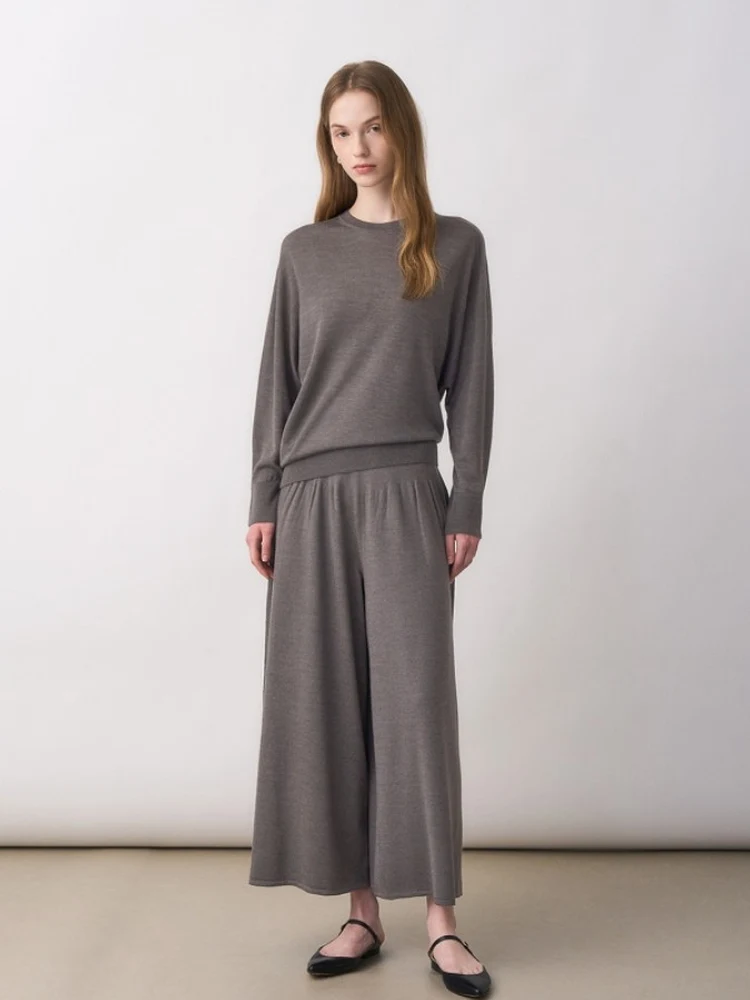 

Spring 2026 Women's Comfortable Casual Loose Soft Lazy Knitted Set High Waist Long Pants round Neck Long Sleeve Color
