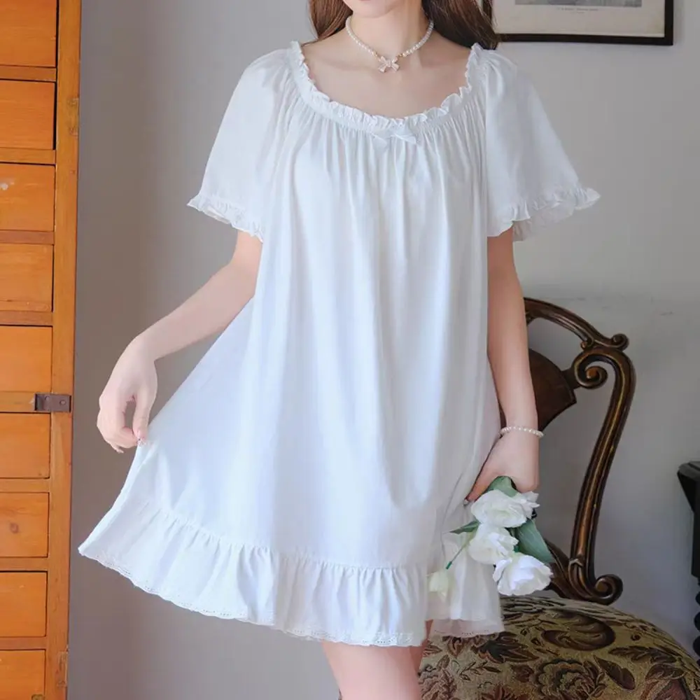 Sweet Bowknot Women's Pajama Dress Loose Short Sleeve Ruffle Nightdress Home Wear Sleepwear Princess Nightgown Girls