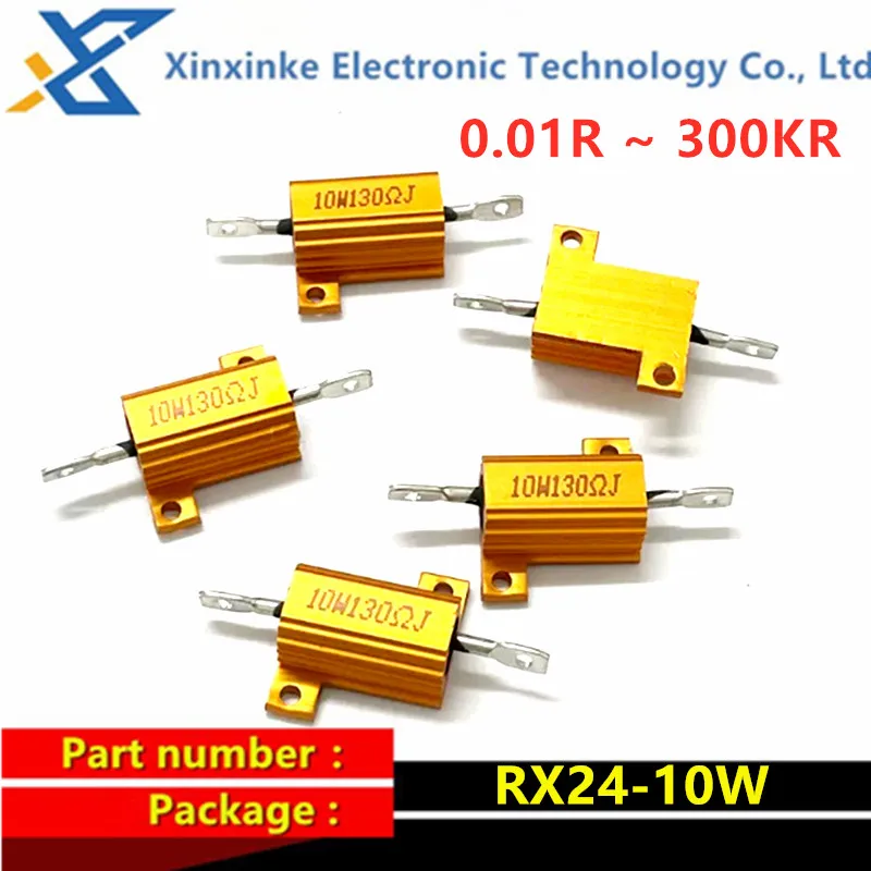5PCS RX24-10W 0.01Ohm ~ 300K ohm Gold Aluminum Power Metal Shell Case Wirewound Resistor 0.5R/2/5/6/8R/10R/20/47/50/100Ω/1K
