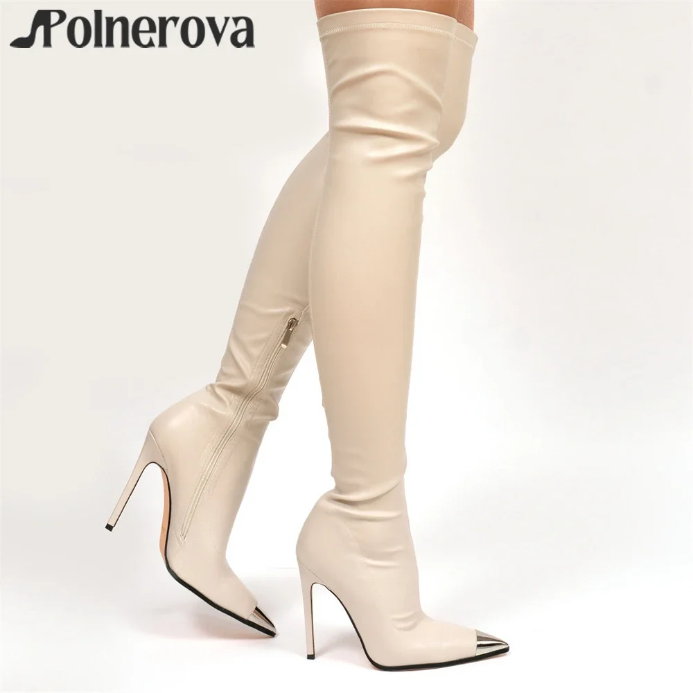 

Металлические сапоги выше колена с острым носком, сексуальные эластичные сапоги на шпильке, бежевые сапоги из искусственной кожи, современные женские сапоги на высоком каблуке