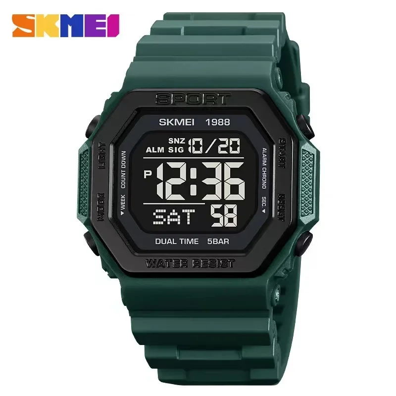 Skmei-Reloj de pulsera deportivo Digital para Hombre, cronógrafo de cuenta atrás, resistente al agua, con alarma, con luz trasera, 5Bar, 1988