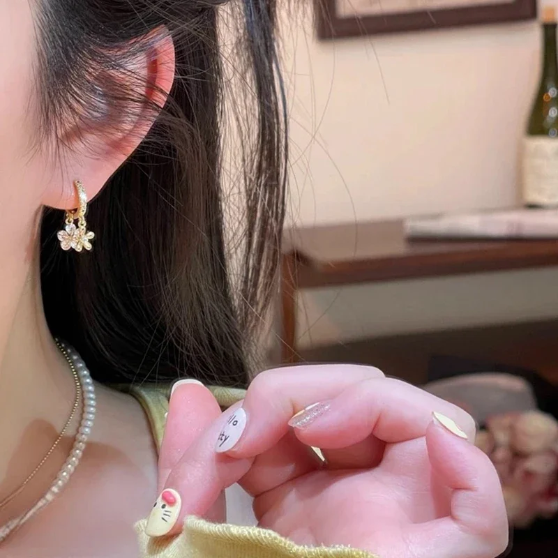 Real 925 Sterling Silver 18K Gold Zircon Flower Pendant Hoop Earrings for Women Cute Fine Jewelry Minimalist Accessories #4