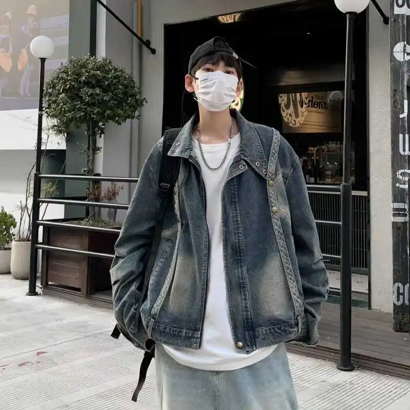 

American Sle Heavyweight High Street Men's Faded Denim Jaet Trendy Brand Autumn Collar Individual Design Motorcycle Clothes