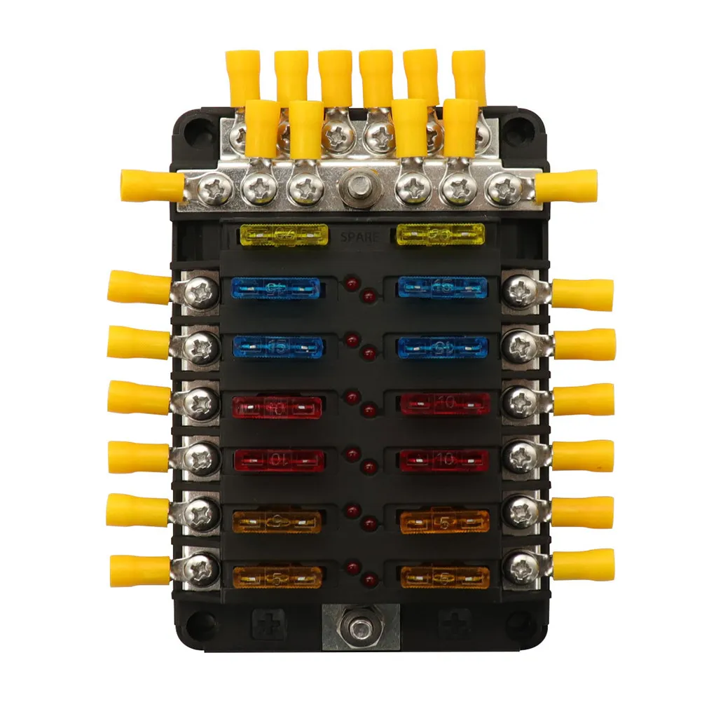 12 Ways Fuse Box Holder LED Warning Indicator Rotating Transparent Cover Car Marine Truck Fuse Block Wire Holder Automotive