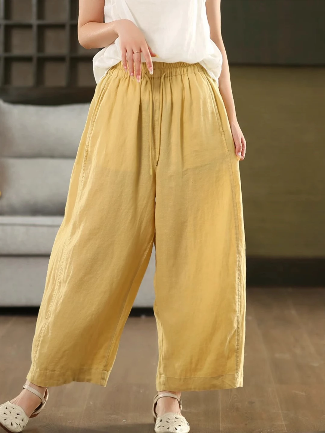 Cintura alta calças de perna larga das mulheres verão fino solto algodão linho nove pontos com cinto drapeado emagrecimento casual foice calças