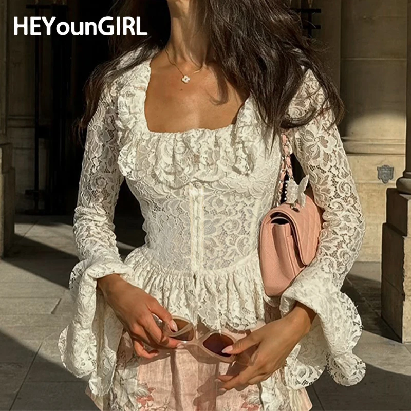 HEYounGIRL Elegant French Style Women Lace Hem Crop Top See Through Aesthetic Flare Sleeve Fitted Square Collar T-shirt Spring