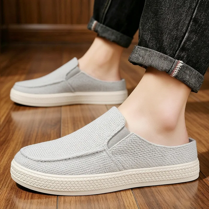 Men Linen Woven Mule Loafers Slip On Open Back Half Slippers Non Slip Rubber Sole Casual Walking Flat Shoes