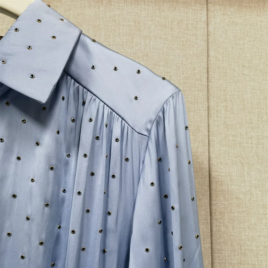 【هدية مجانية】أنيقة 2025 أوائل الخريف موضة جديدة حجر الراين مزين ربطة القوس فيونكة قميص طوق فستان المرأة