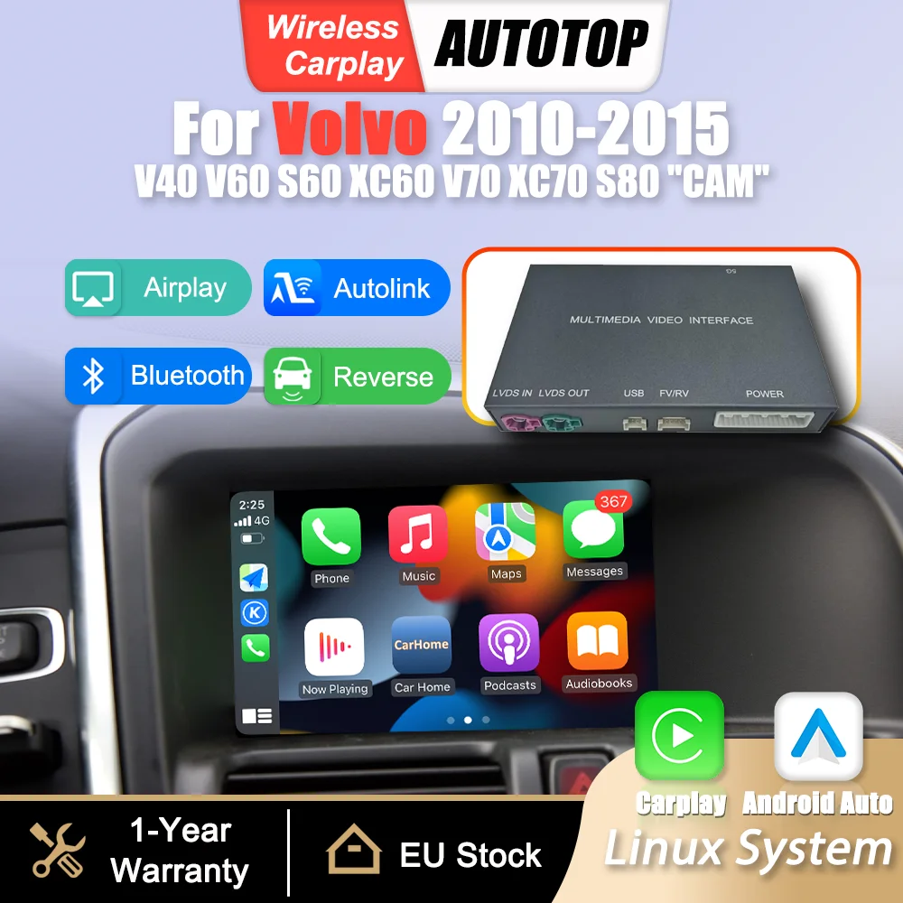Boîtier adaptateur d'interface sans fil CarPlay Android Auto pour Volvo S60 XC60 V40 V60 V70 XC70 S80 2010-2015, module de navigation GPS avec Mirror Link, Airplay et Bluetooth