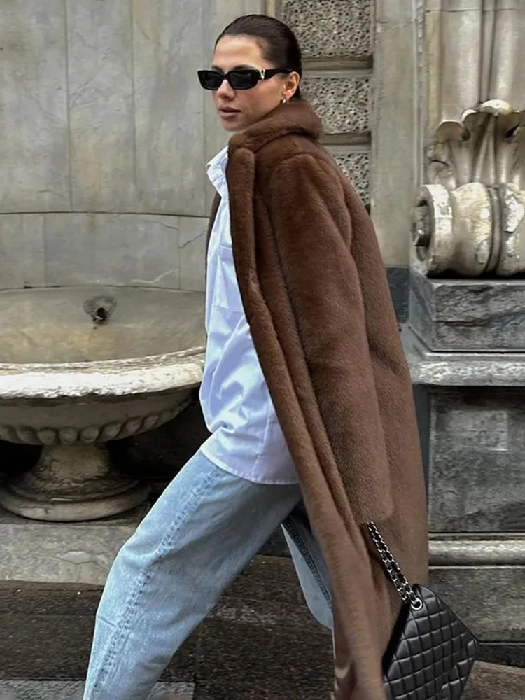 Tuularose Winter Thickened Fur Coat Fashion Vintage Brown Lapel Long Coats New Casual Commuter Warm Streetwear Women's Outerwear