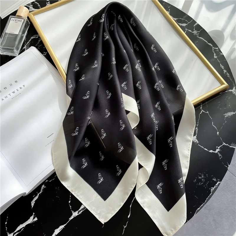 Luxury Brand Square Imitation Silk Scarf Black And White Butterfly Head Wrap For Women Multifunction Silk Feeling Neckerchief