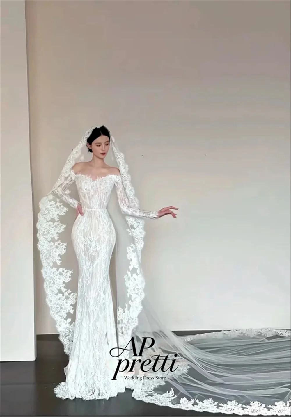 AP pretti Delicate Off The Shoulder Lace Long Sleeve Bridal Gown Customized Mermaid Korea Wedding Dress Photo Shoot 웨딩드레스
