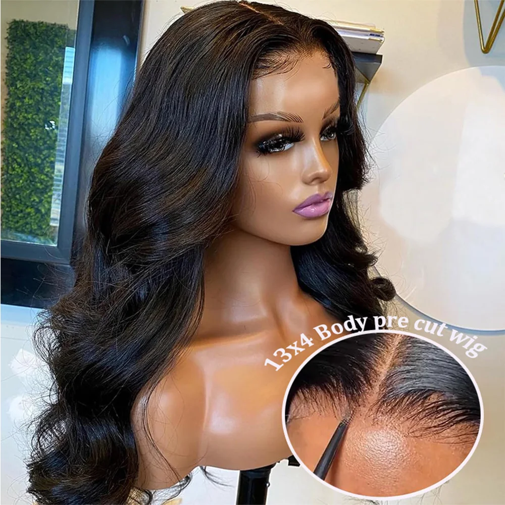 Peruca de cabelo humano sem cola de densidade 200% - onda corporal 13x4 HD frontal de renda, pré-arrancado e pré-cortado para iniciantes, aparência natural com cabelo