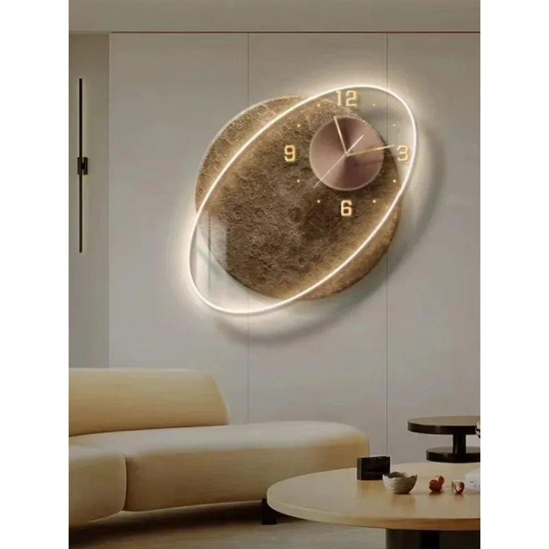 

Wabi Sabi Creative Living Room Decoration Painting Wall Clock Moon Background Mural Atmosphere Restaurant Wall Light Clock