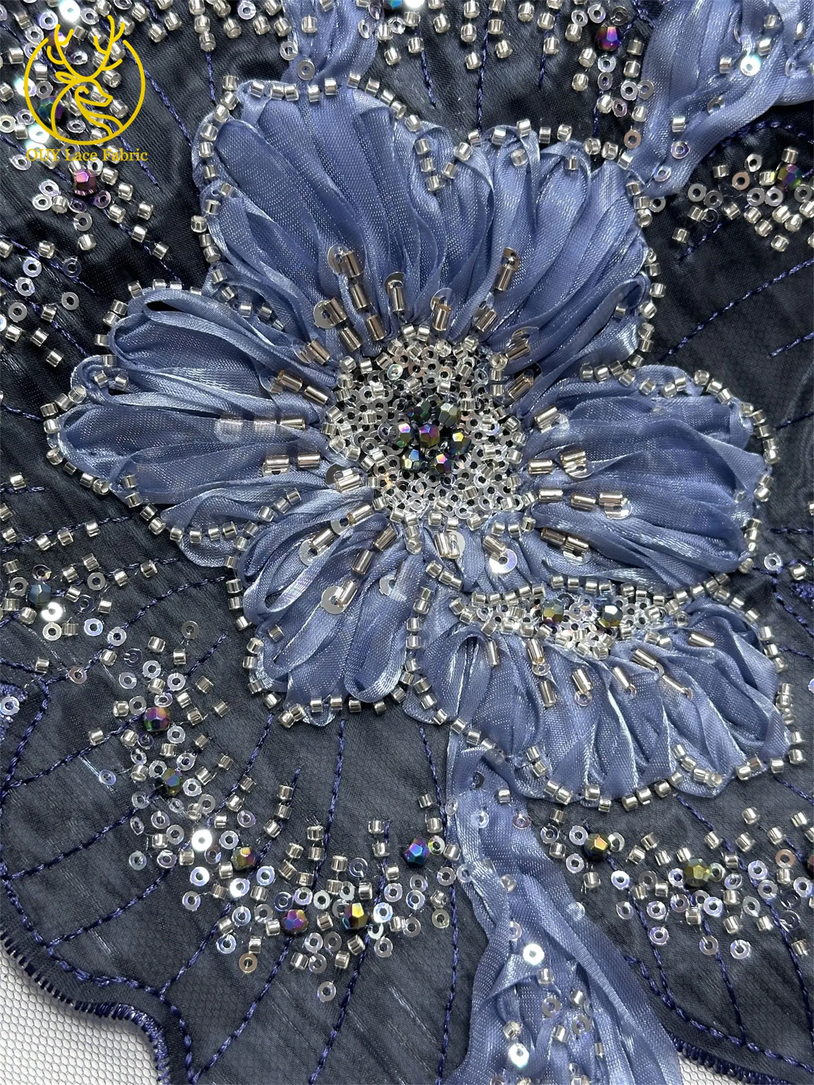 Marineblauer, wunderschöner afrikanischer Spitzenstoff mit Perlen und Pailletten, 3D-Blume, nigerianischer hochwertiger Tüll-Mesh-Spitzenstoff für Ballkleider, 5Y – Detail 19