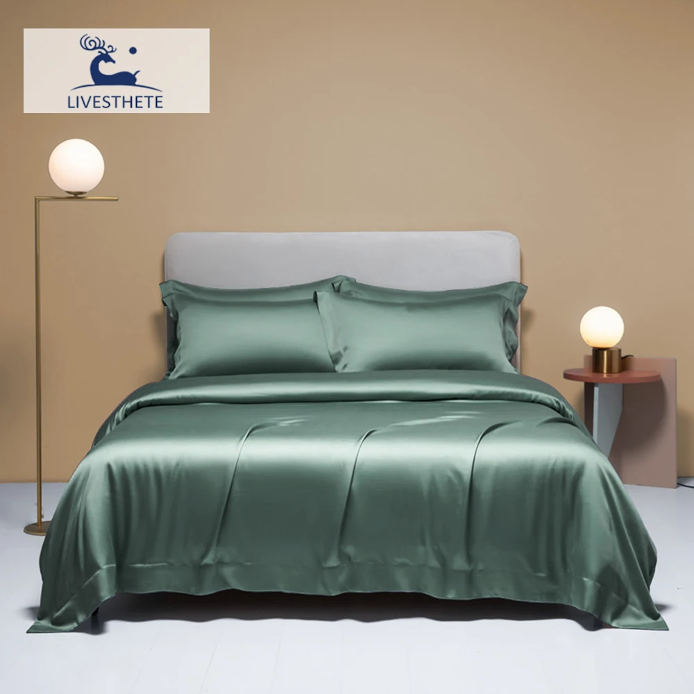 

Liv-Esthete Double King Queen Green 100% Silk Bedding Set Summer Duvet Cover Pillow Case Bed Sheet Quilt Cover For Sleep Gift