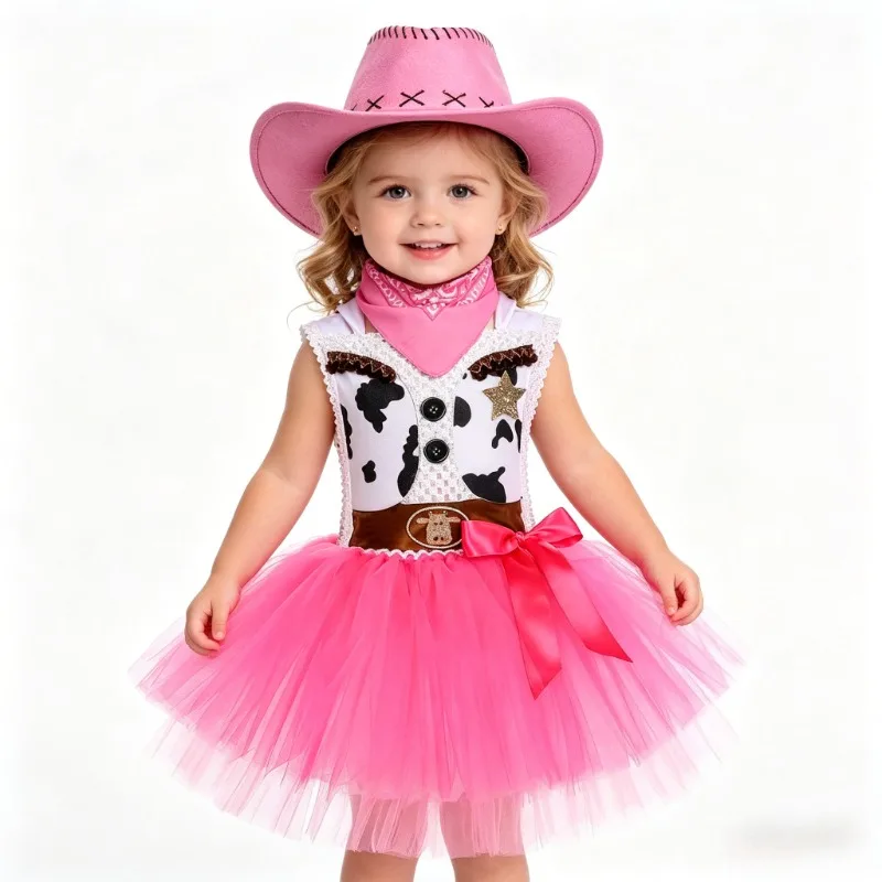 Pink Denim‑Look Fluffy Tulle Dress for Girls, Fluffy Princess Gown, Suitable for Stage Performance and Halloween Party Clothes