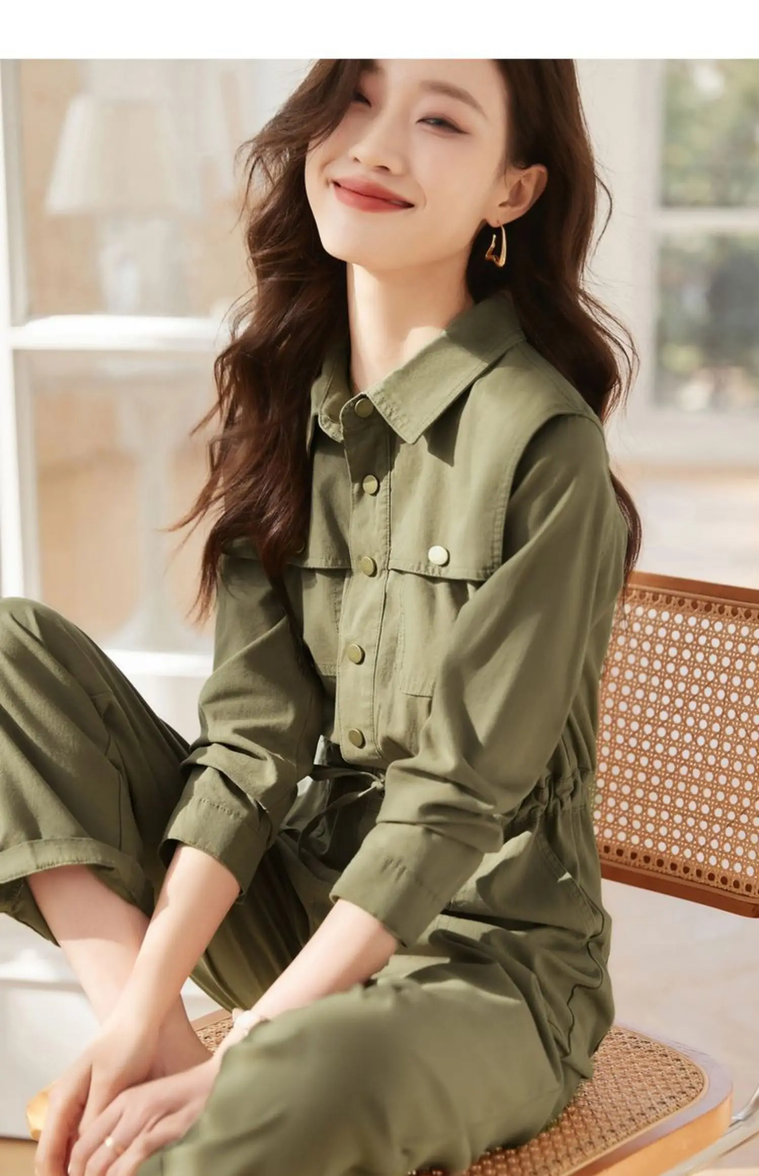 2023 Women Army Green Jumpsuit Women\'s Overalls Long Sleeve Cargos Jumpsuits Y2k Streetwear Summer Turn Down Collar Jumpsuit