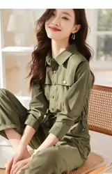 2023 Women Army Green Jumpsuit Women's Overalls Long Sleeve Cargos Jumpsuits Y2k Streetwear Summer Turn Down Collar Jumpsuit