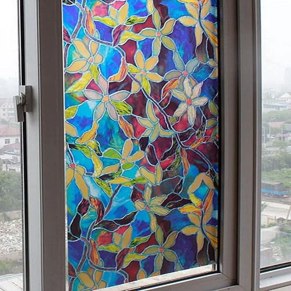 Dekorative Sichtschutzfolie für Fenster, Wärmeregler, Sonnenschutz, Buntglas-Fensterfolie, Blumenmuster, statisch haftend, für Badezimmertür