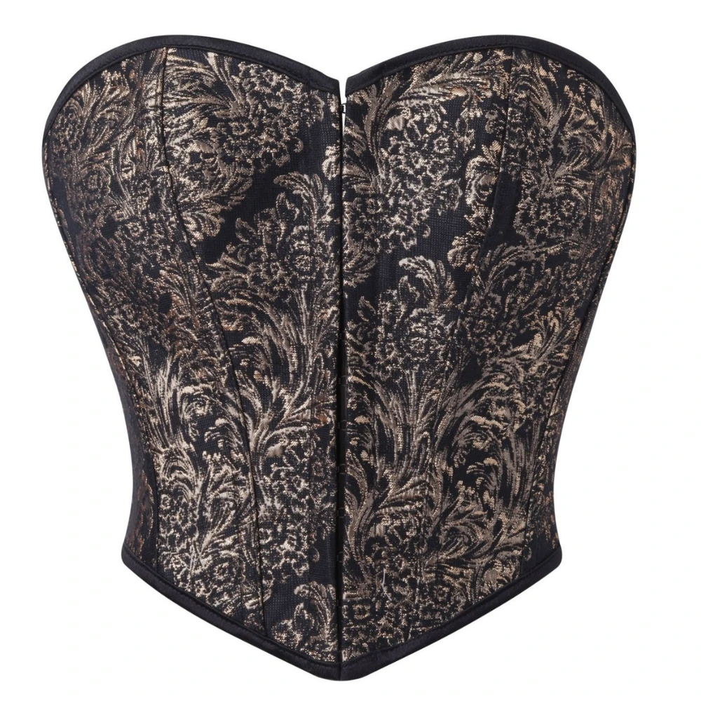 Damen-Korsett, trägerlos, Vintage-Stil, Barock-Blumenmuster, Jacquard, herzförmiger Ausschnitt, Reißverschluss vorne, Satin, Schnürung hinten