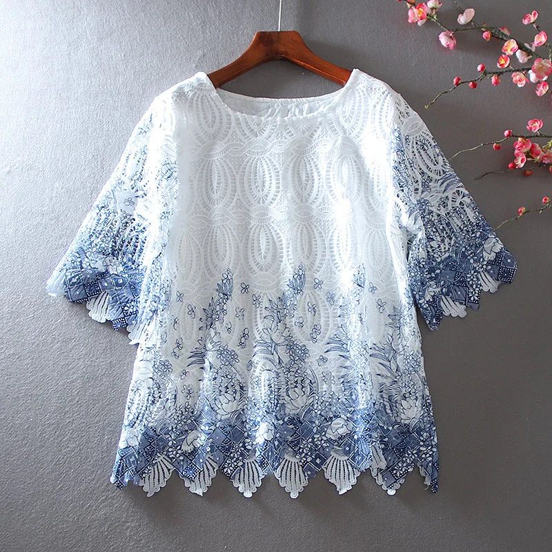 Women's Spring Summer Hollow Out Embroidery A-line Shirt Female Vintage Loose Casual Plus Size Cotton Shirt Blouse TB2746