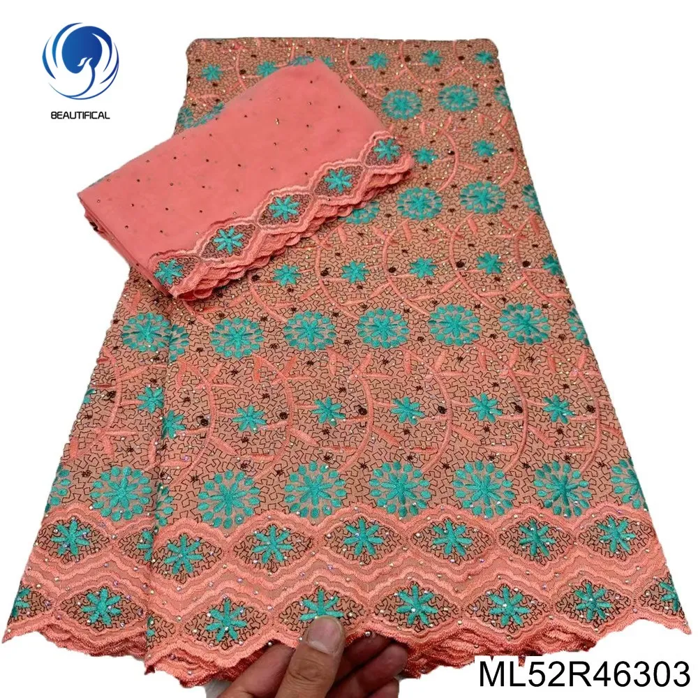 

2025 Exquisite Africa 100% Cotton Fabric Nigeria Pink 7 Size Swiss Yarn Lace Cotton Embroidered Stone Cloth Party Dress ML52R463