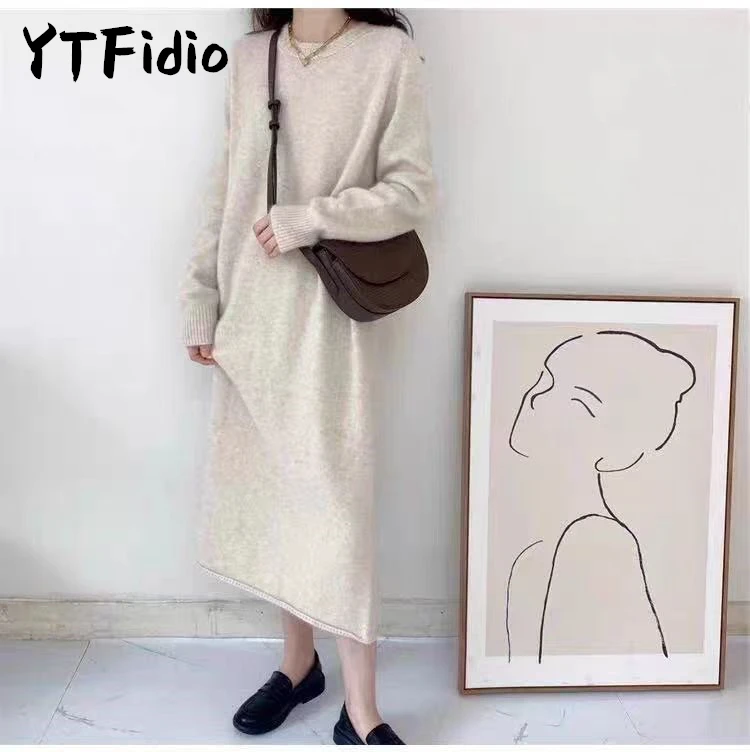 YTFidio 100% Wool Women O-neck Long Skirt Dress Pullover Luxury Designer Clothing Sweater Plus Size Clearance Sale Tops 534