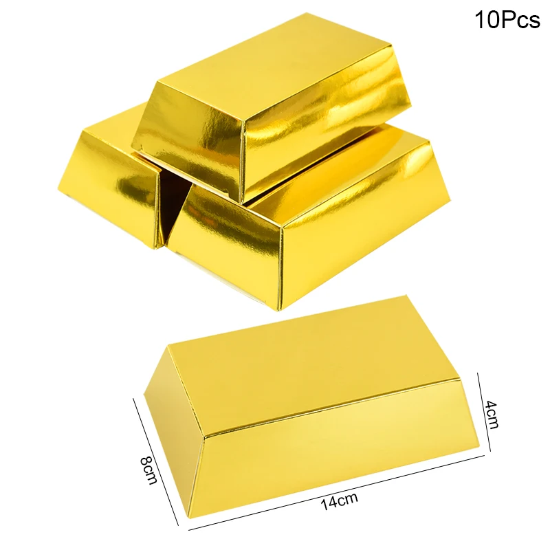 10pcs Gold Bars Gift Box Paper Golden Brick Candy Chocolate Packaging Boxes Kids Pirate Theme Birthday Party Decoration Supplies