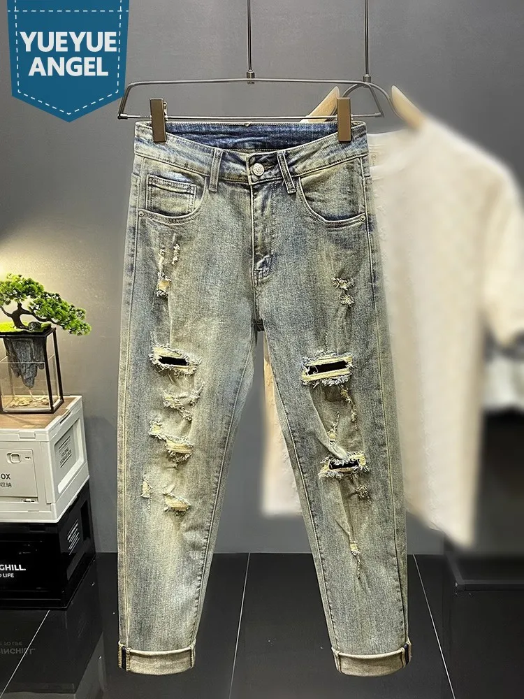 

New Slim Fit High Street Mens Vintage Design Holes Ripped Jeans Casual Straight Trousers Fashion Cotton Denim Pencil Pants Male