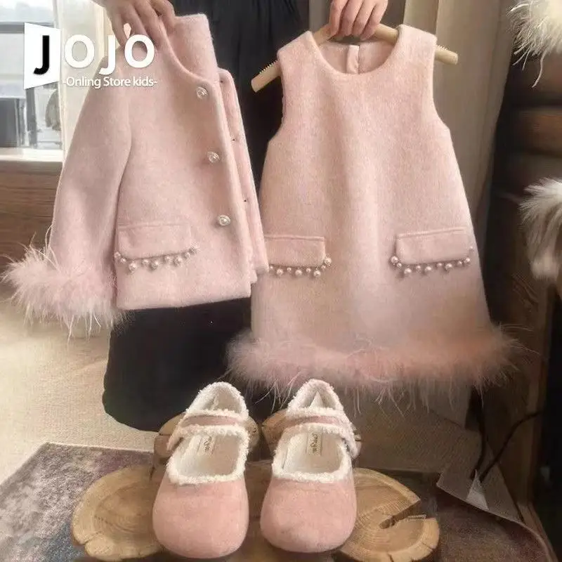 Girls' Small Fragrant Dress Set Autumn and Winter New Children's Christmas and New Year with a Small Coat Vest Skirt