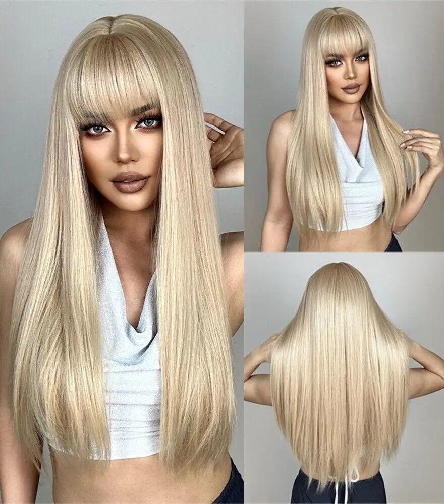 Soft Blended Blonde Synthetic Hair Natural Dress Up Wig With Bangs Long Straight