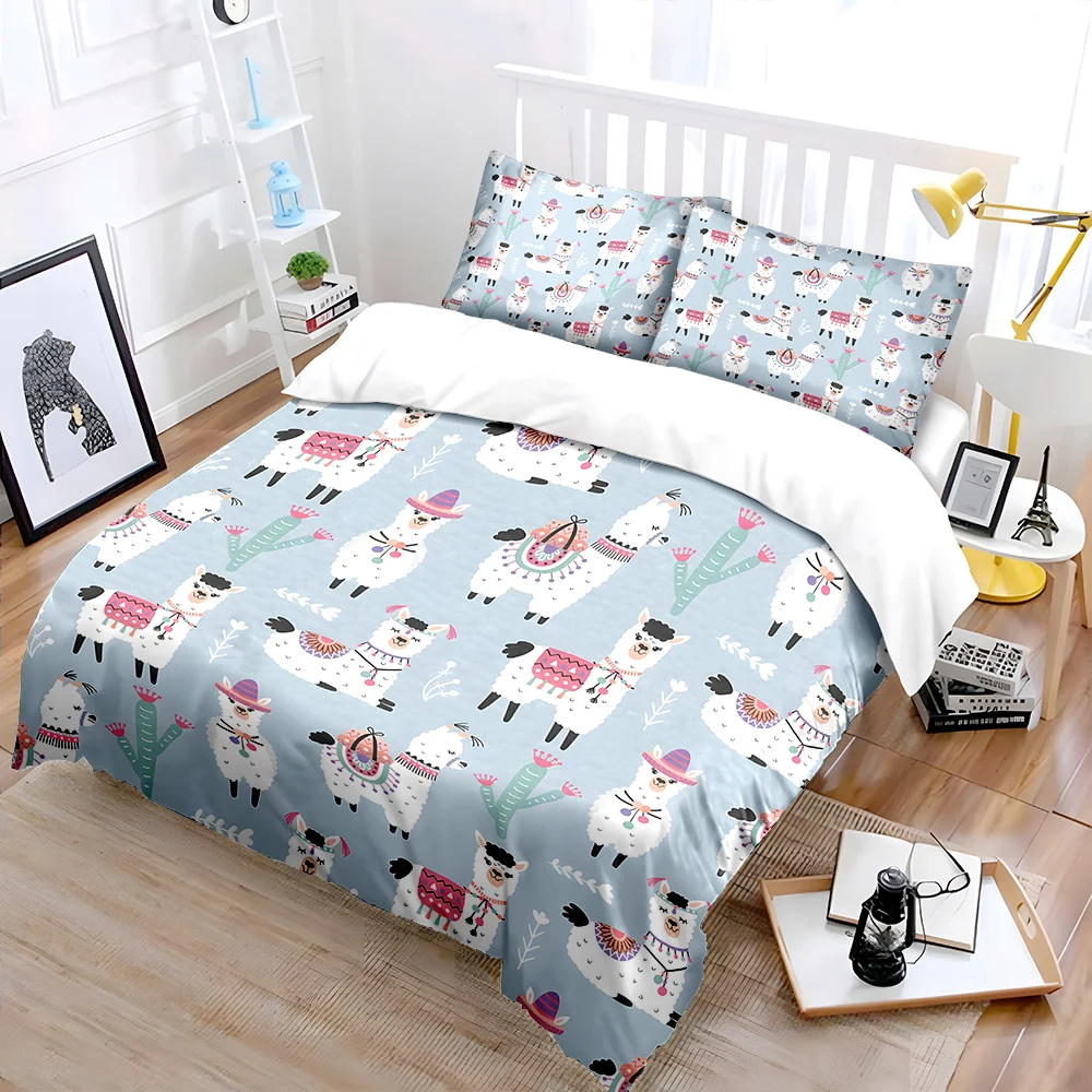 3pcs Cute llamas with cactus background Bedding Set 1 Duvet Cover 2 Pillowcases for Adult and Children Luxury Gift Full Size