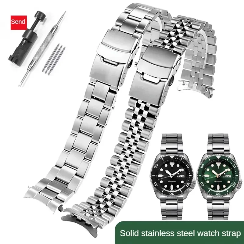 

Stainless steel watch strap compatible For Seiko No. 5 Green Water Ghost SRPD63K1 skx007 009 SRPD63 arc mouth watchband