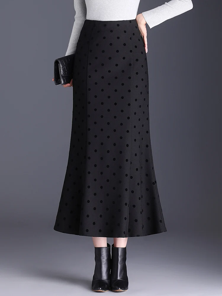 

SUCH AS SU 2024 Fall Winter Black Coffee Dots Trumpet Skirt High Waist Ladies S-3XL Size Female Mid Long Mermaid Skirts Female