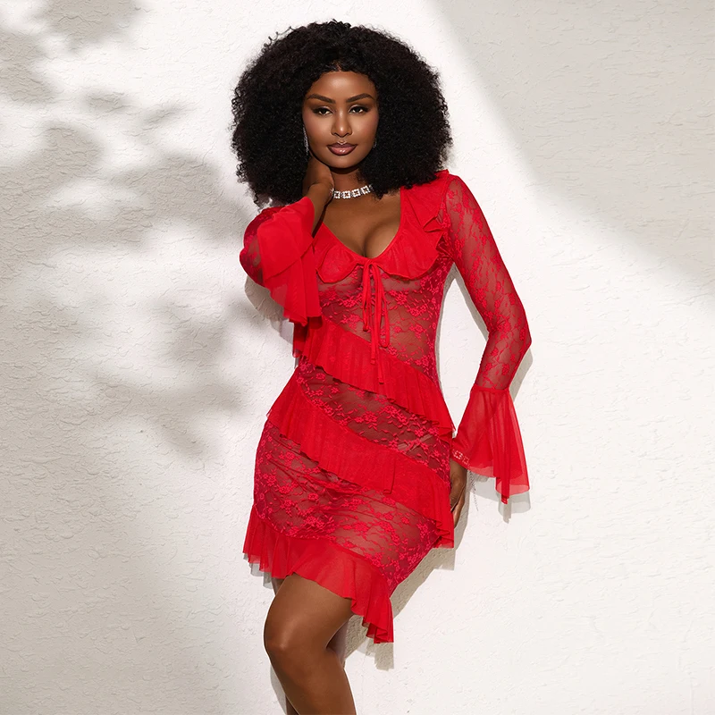 Sexy Night Dress Women Floral Lace Bodycon Dress Deep V Ruffles Long Sleeve Nightgown Translucent Doll Neck Elegant Nightwear