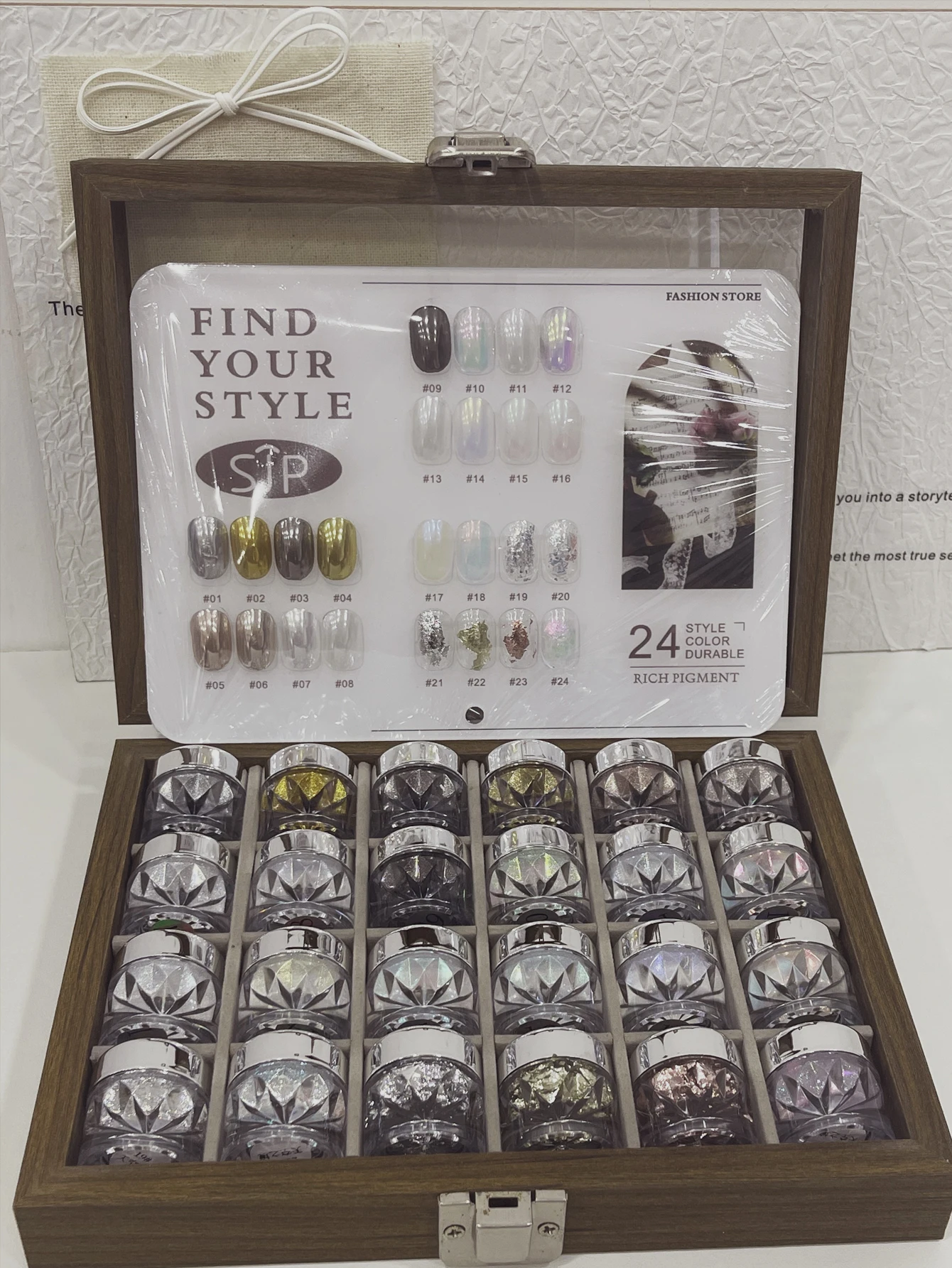 Ensemble de poudre de miroir magique pour vernis à ongles 24 couleurs avec boîte de rangement, cartes de couleur, poudre de vernis à ongles aurora et poudre de feuille d'or.