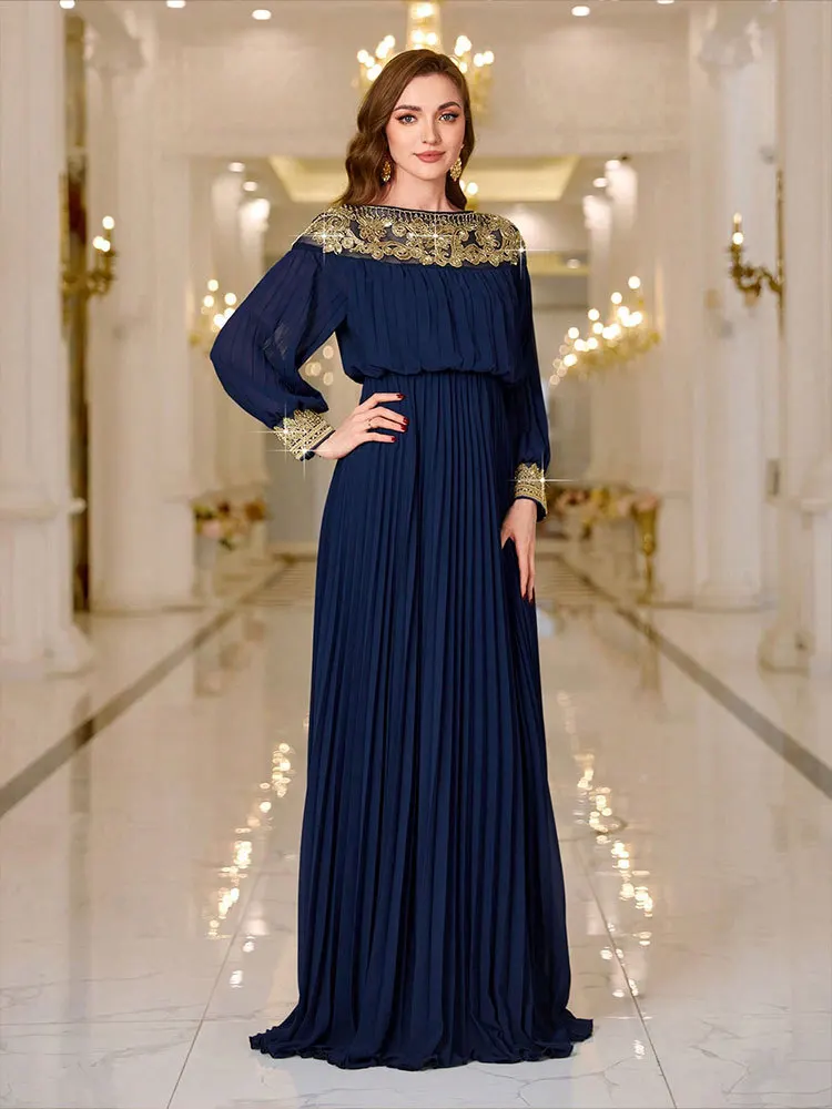 

2024 New Elegant Applique Evening Party Maxi Dress Chiffon Pleated Dubai Abaya Women Muslim Robe Turkey Kaftan Vestidos Abayas