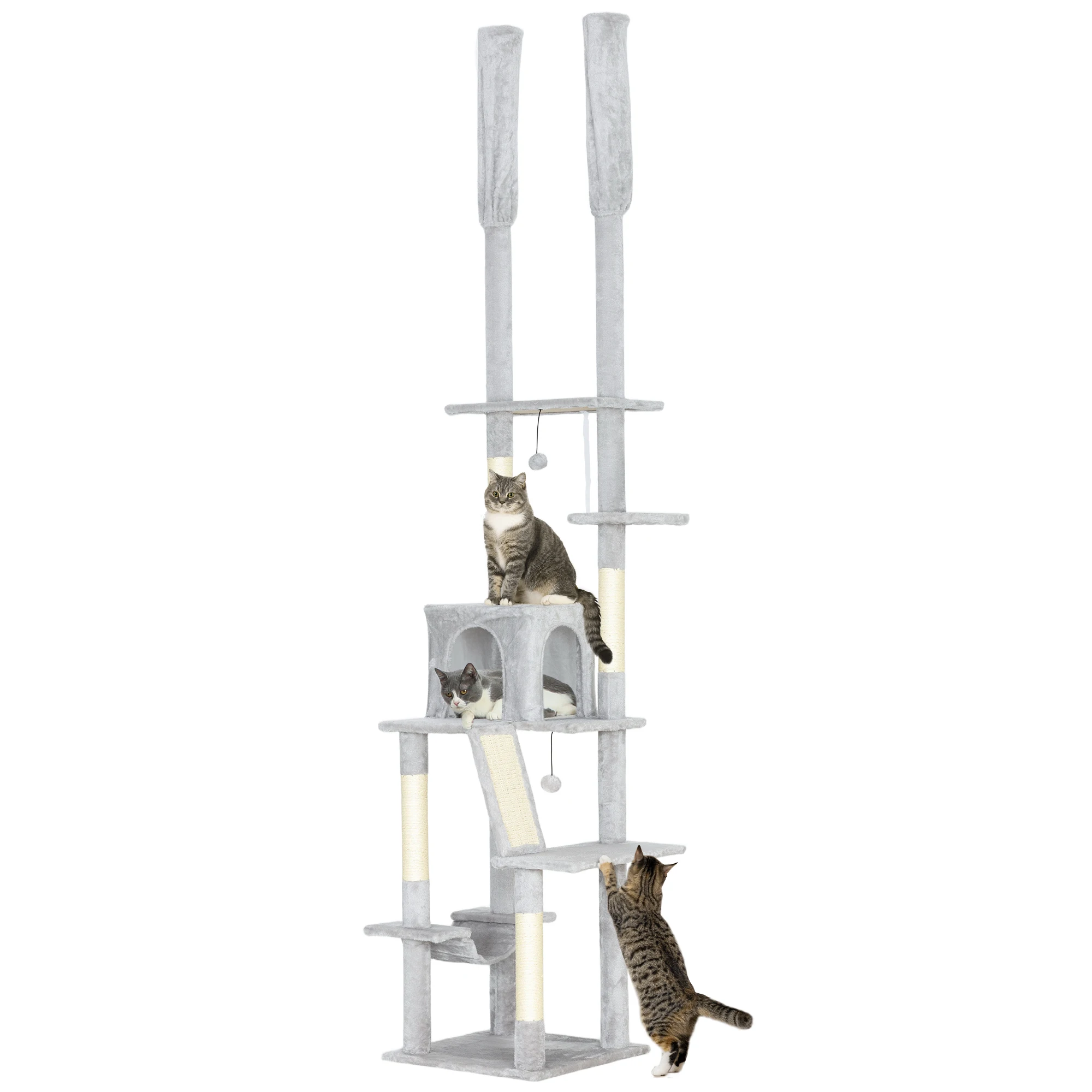 PawHut kattenboom van vloer tot plafond cm XXL, 6-laags sisal krabpaal met nis, hangmat, platforms, ladder en 2 hangende ballen, lichtgrijs