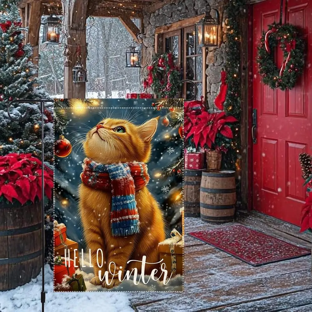 Winter Cat Garden Flag 12x18 Inch Double Sided Small Burlap Christmas Outdoor Decoration with Snowy Scarf and Gift Boxes IIK yyi