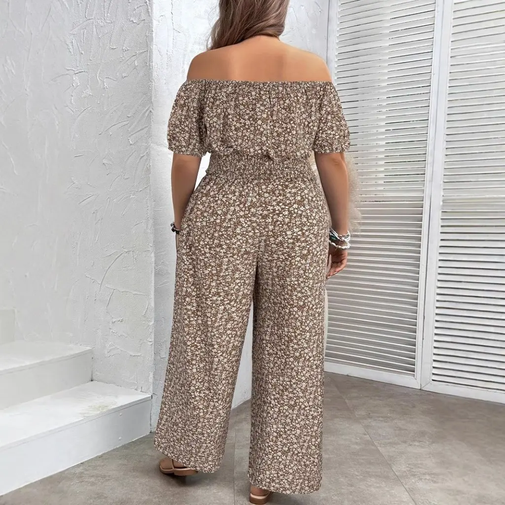 

Летний повседневный свободный костюм с открытыми плечами и пышными рукавами с цветочным принтом для женщин больших размеров J898