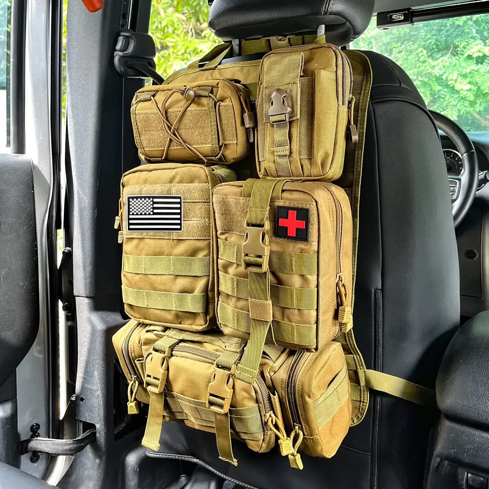 Car Seat Back Organizer Tactical Seat Back Organizer with 5 Molle Bags Universal Vehicle Panel Organizer Storage Bag