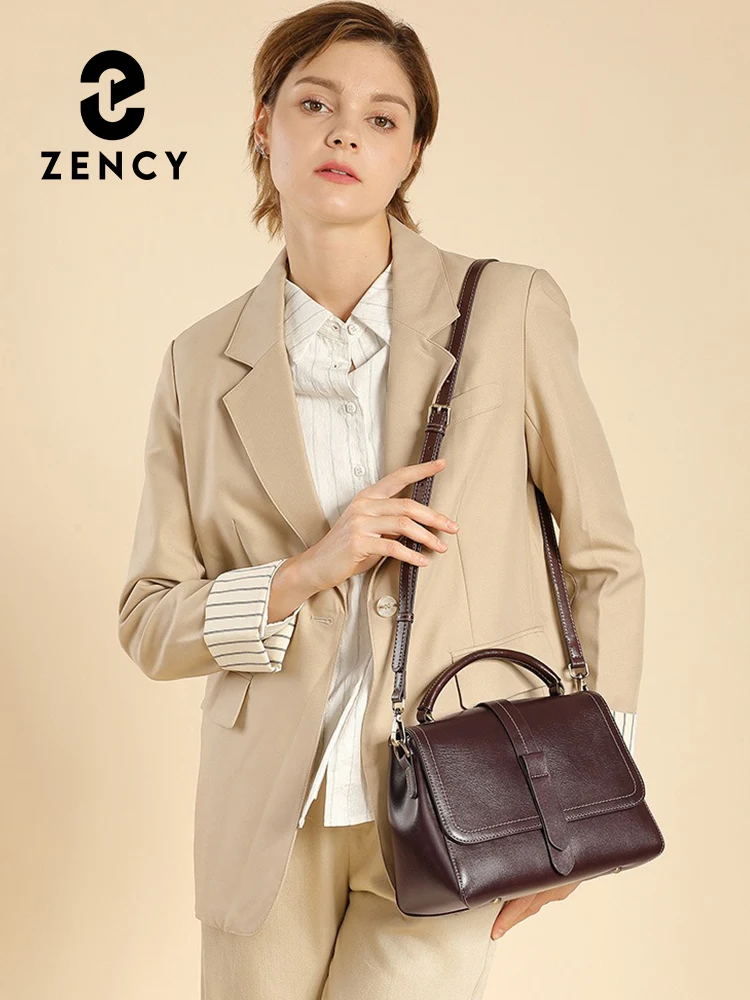 Zency 2024 Casual Tote New Genuine Leather Vintage Handbag Women Shoulder Bag Boston Bag  Satchel With Two Straps For Mom Giftba