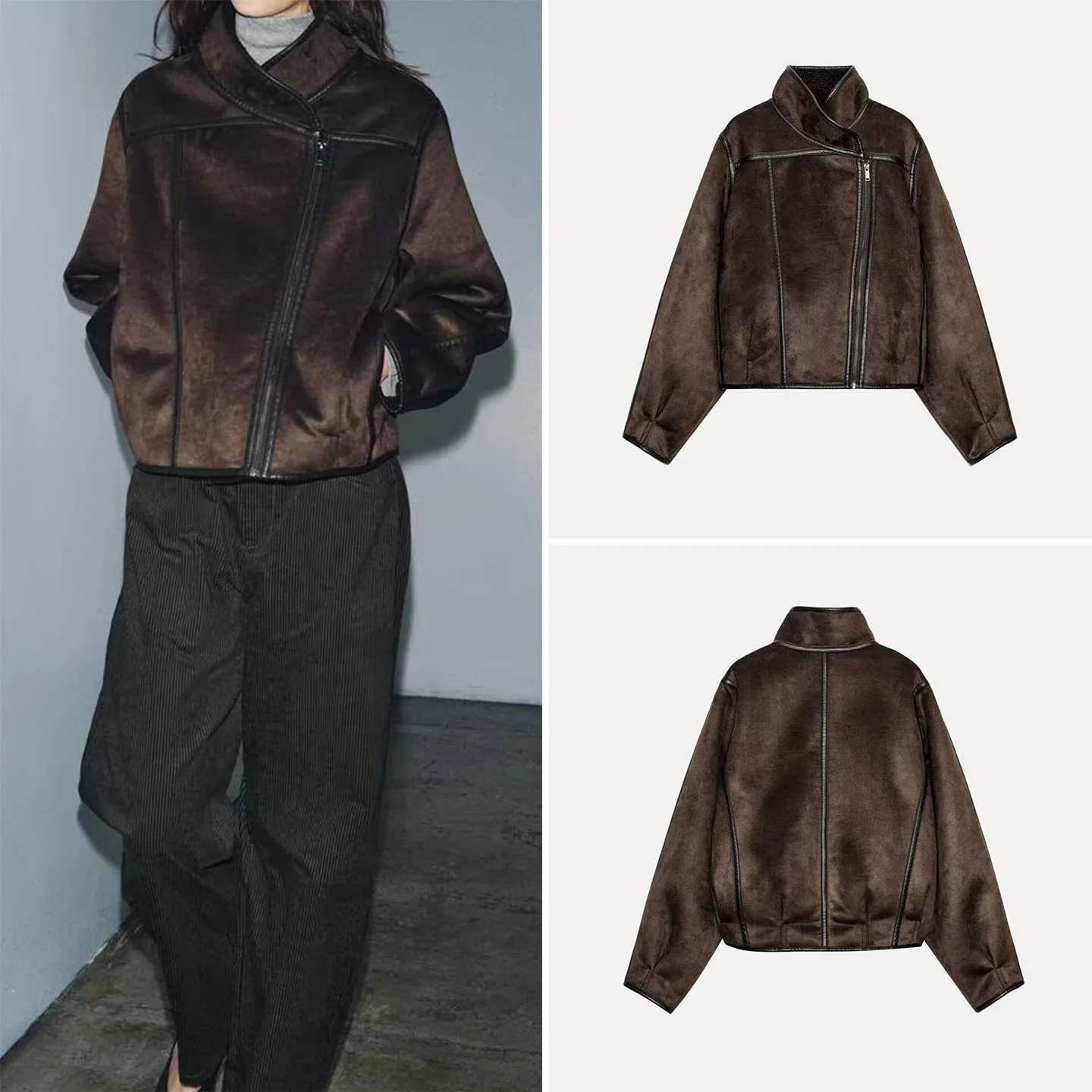 Doppelseitige Damen-Jacke für den Herbst 2025 – Personalisierte Serie, Stehkragen, Kurzmantel mit langen Ärmeln und Reißverschluss