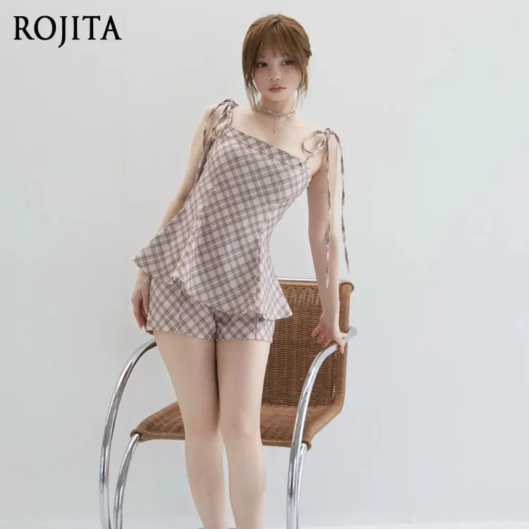 Y2K Plaid Matching Set Spaghetti Tie Strap Camisole Top With Inner Lined Shorts For Women Daily Street Wear