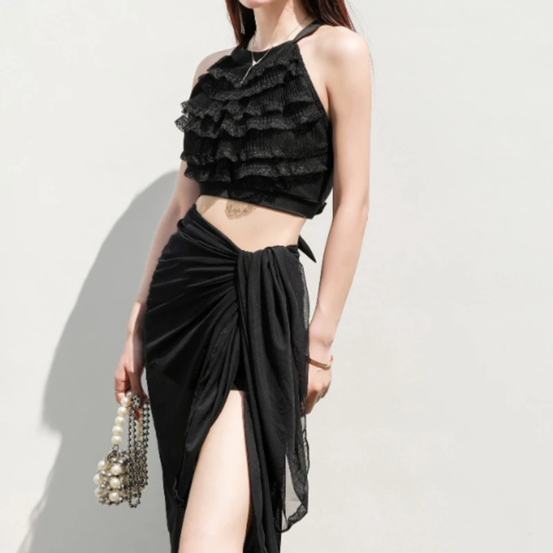 OIINAA Seksowny Strój Kąpielowy Damski Bez Pleców Z Falbankami na Gorące Źródła Czarna Siateczkowa Narzutka Letni Nowy Koreański Zestaw Bikini na Wakacje 2025