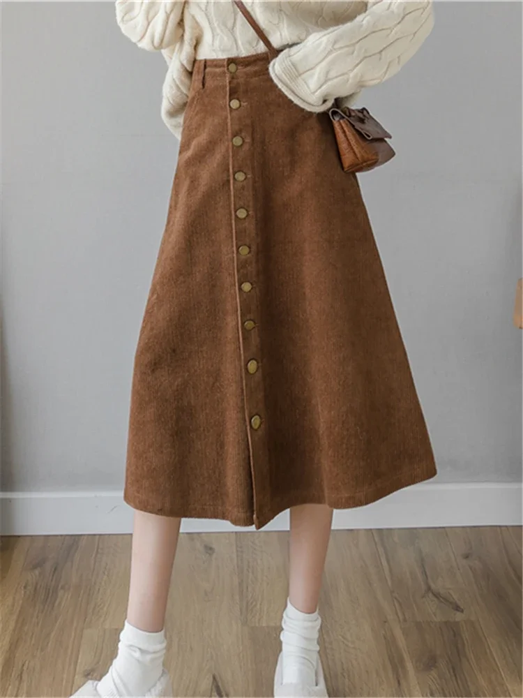 REALEFT Autumn Winter Corduroy Women A-Line Skirts 2023 New High Waist Solid Elegant Single Breasted Umbrella Midi Skirts Female