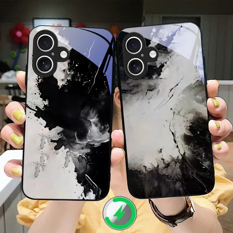 Ink wash style pattern Suitable For iPhone 16 17 Pro Max 15 Pro 14 13 Plus 12 mini 11 16 Air 17Pro magnetism Glass Phone Case